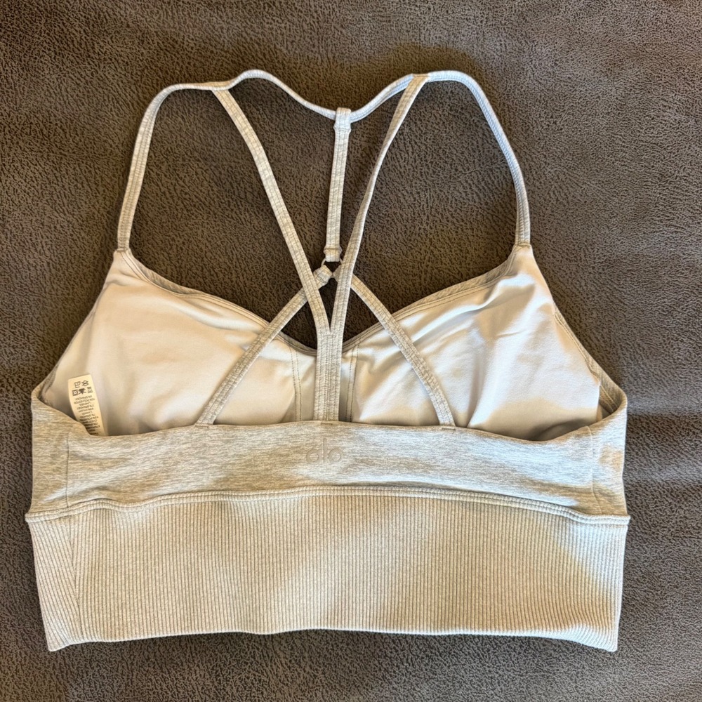 Alo Yoga Wild Thing Bra Dove Grey Heather Ribbed Strappy Sports Bra Medium - Picture 2 of 6